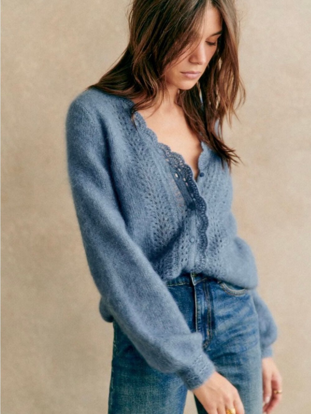 Sézane Blue Mohair Alpaca Lace Trim Cardigan Vintage Blue - Size S